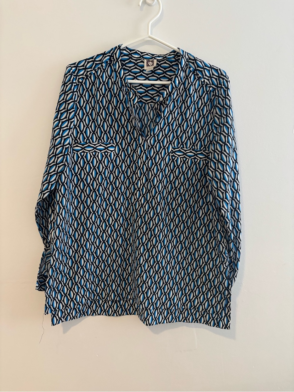 Anne Klein Blue and White Geometric Print Blouse